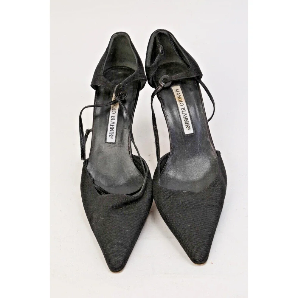 Manolo Blahnik Black Canvas Pointed Toe Cut Out Ankle Strap Pumps Size 35.5